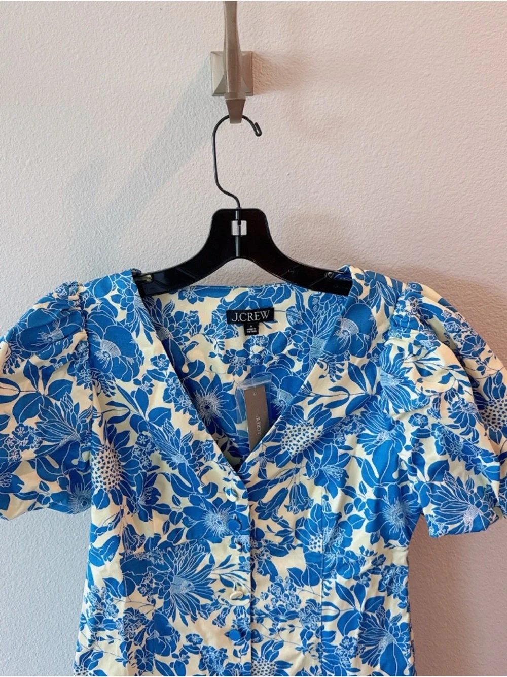 NWT J.CREW BUTTON-FRONT PUFF-SLEEVE MINI DRESS IN BLUE FLORAL